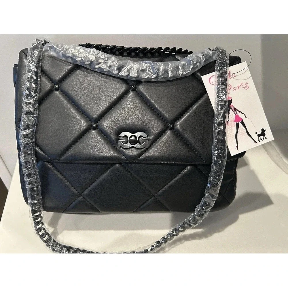 New Gilda Paris Black Vegan Leather Quilted Purse Handbag Shoulder $140